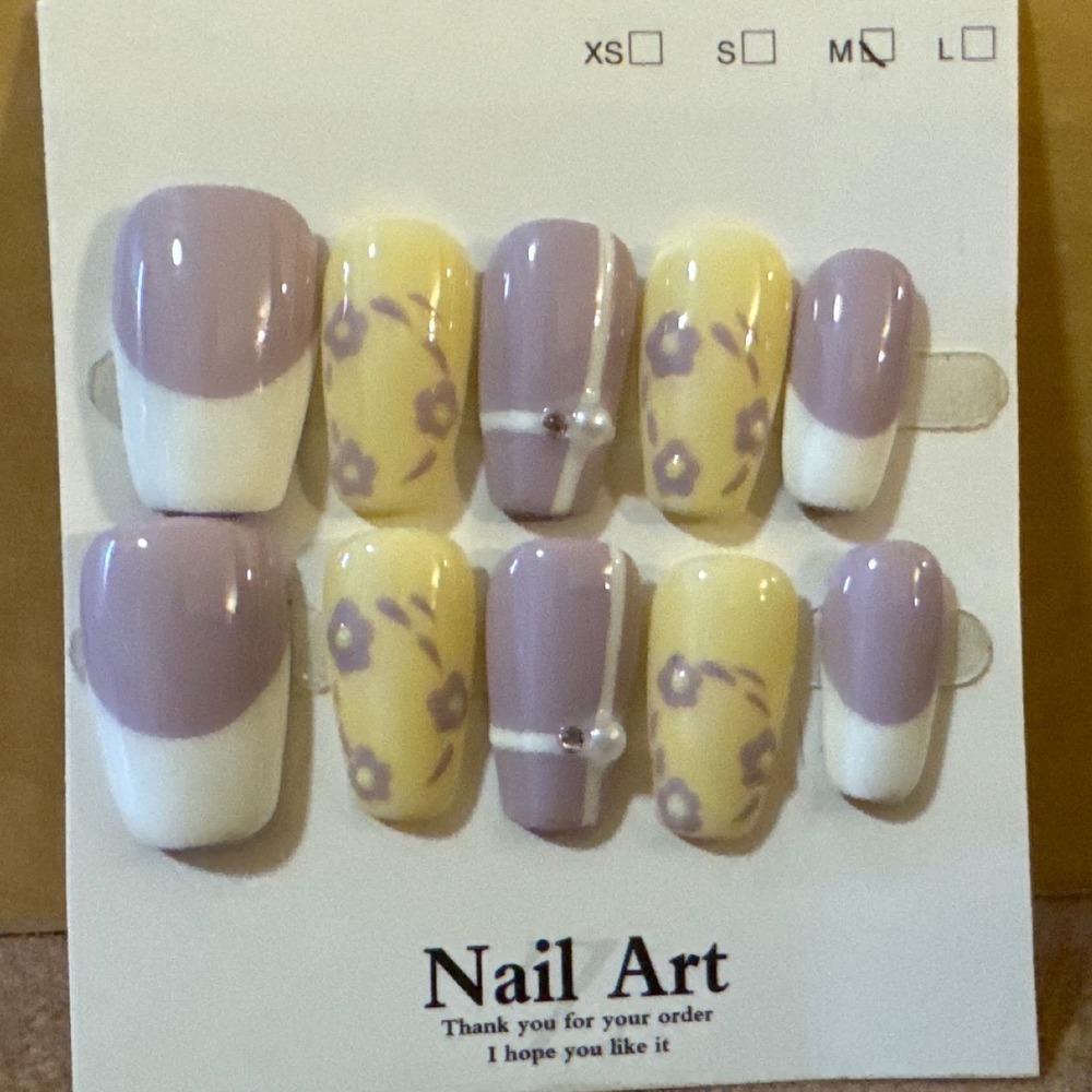 Purple Yellow Floral Press On Nails Medium Square French Tip Pearl Detail Set